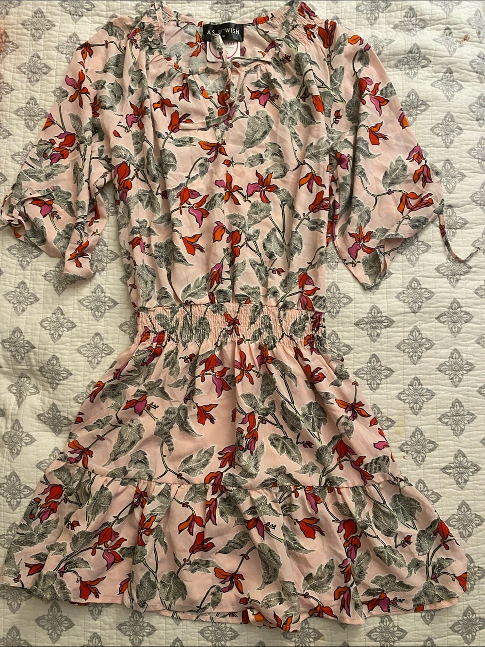 As U Wish Pink Floral Smocked Waist Mini Dress